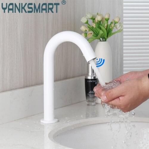 YANKSMART White Bathroom Faucet Basin Sink Deck Mounted Free Touch Automatic Inflated Sensor Faucet Washbasin Mixer Water Tap