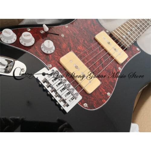 Free shipping custom 6 string left hand black guitar,P90 pickups,tremolo bridge,red pearl shell pickguard,chrome buttons