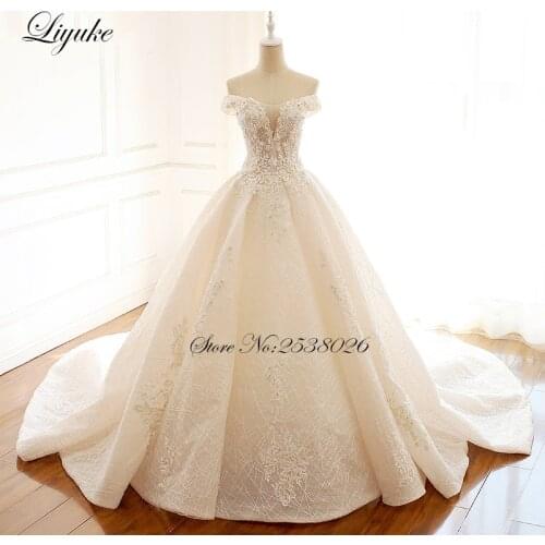 Lustrous Embroidery Tulle With Beading 3D Flowers A-Line Wedding Dresses Off The Shoulder Wedding Gown