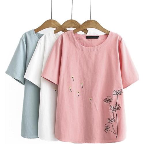 Embroidery Blouse Tops For Women Summer 2021 Plus Size Clothing Cotton Linen Shirt Short Sleeve Ladies Tee Casual White