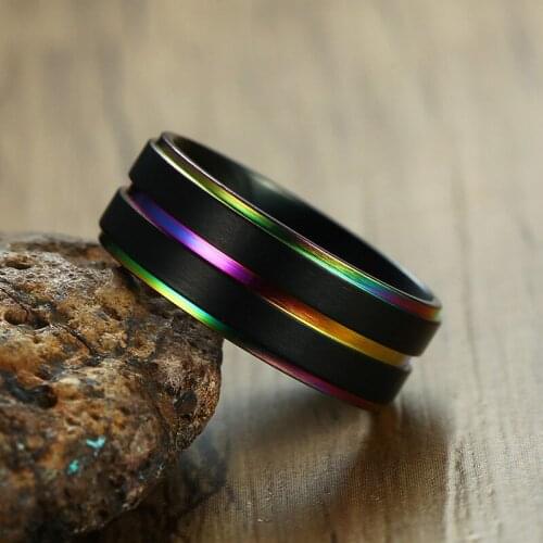 Modyle Black Stainless Steel Basic Ring for Men With Rainbow Line Classic Male Wedding Band Multi Color Jewelry Fraternal Ring