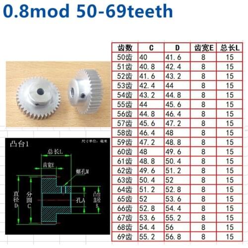 Convex step aluminum alloy 0.8 mod 50t 51t 52t 53t 54t 55 56t 57t 58t 59t 60t 61t 63t 64t 65t 69t teeth cylindrical gear