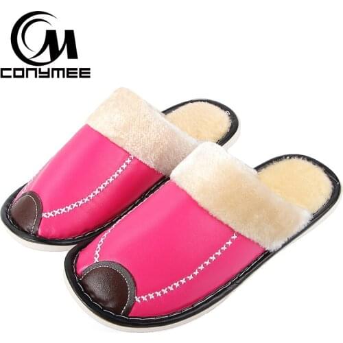CONYMEE Winter Women PU Leather Shoes Brand New 2018 Warm Plush Pantuflas Slipper Men Women Indoor Home Slippers Non-slip Shoe