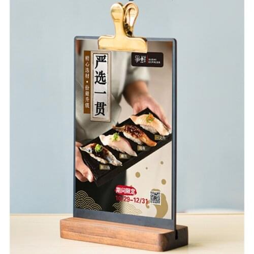 A5 Double-Sided Upright Wood Menu Holder Counter Price Blackboard Leaflet Flyer Poster Holder Display Stands With Bronze Clip