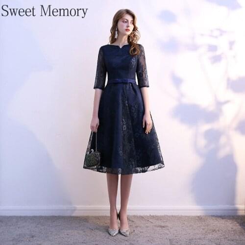 F2120 Sweet Memory Lady Half Sleeve Lace Dress 2021 Navy Blue Vintage Prom Dresses Woman Short Vestidos Simple Robe De Soiree