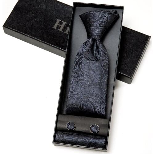 Hi-Tie Necktie For Men Black Paisley Classic Luxury Mens Tie Set Silk Fashion Gift For Men Hanky Cufflinks Set High Quality