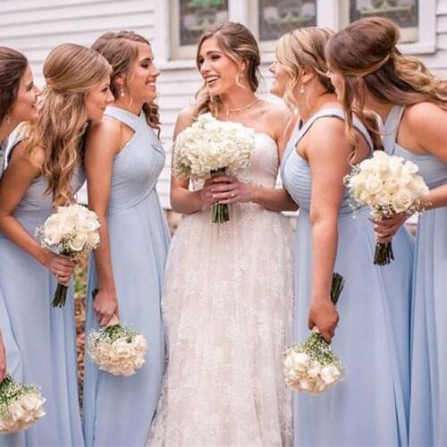Custom Made Cross Straps Blue Long Chiffon Empire Bridal Party Dress Bridesmaid Dresses Gowns