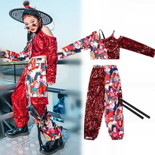 Girls Jazz Costumes Kids Modern Street Dance Performance Stage Red Sequin Clothing Children Hip Hop Suit Catwalk Show