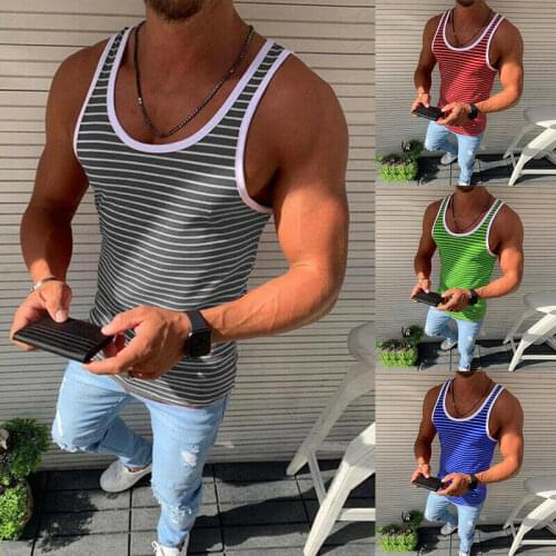 Men Gym Bodybuilding Tank Top Summer Sleeveless Striped Casual Shirts Vest Slim Fit Men Fitness Workout Tee Tops Plus Size