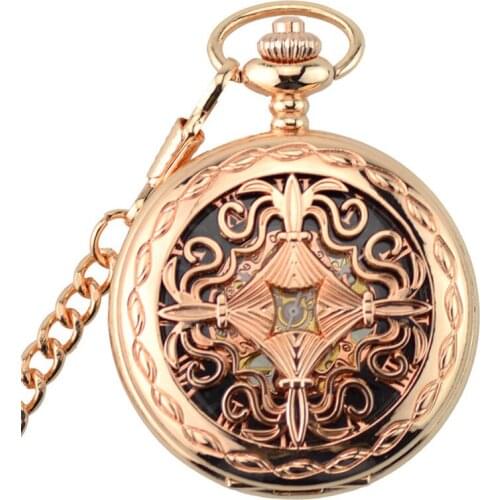 Rose Gold Skeleton Automatic Mechanical Pocket Watch Men Vintage Hand Wind Clock Necklace Pocket & Fob Watches With Chain Gifts