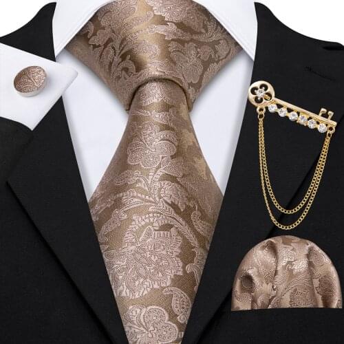 Men Tie Brown Floral Fashion Paisley Striped Jacquard Silk Tie Necktie Handkerchief Cufflinks Brooch Set Wedding Party LS-5506