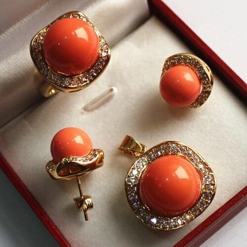 Wholesale noble jewelry set 18KGP+12-14mm orange shell pearl,ring, pendant & stud earring