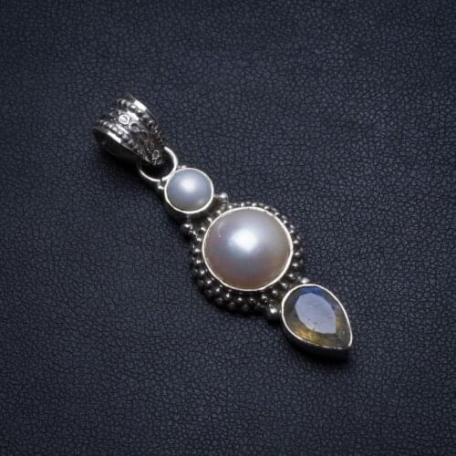 Natural River Pearl and Labradorite Handmade Boho 925 Sterling Silver Pendant 1 3/4" T2329
