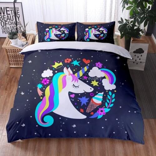 Girls Cartoon Duvet Cover Cute Rainbow Unicorn Fairytale With Pillowcase 3D Digital Printing Bedding Sets Black Background