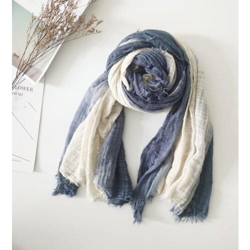 Kroean Style Double Color Cotton Scarf Women Linen Scarf Navy Blue Black Color Striped Long Scarf for Men