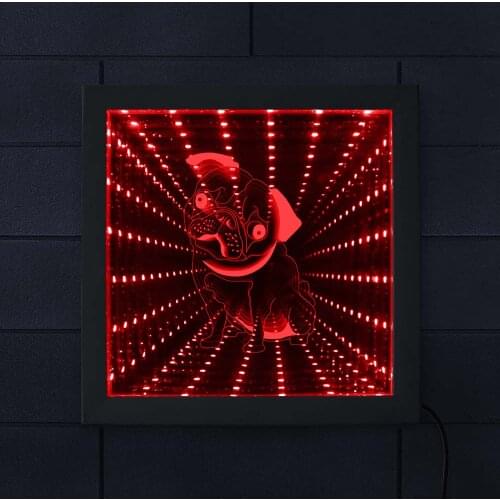 Pug Dog LED Infinity Mirror Wood Frame Puppy Dog Breed Vortex Tunnel Interstellar Mirror Stunning Optical Tunnel Light Home Deco