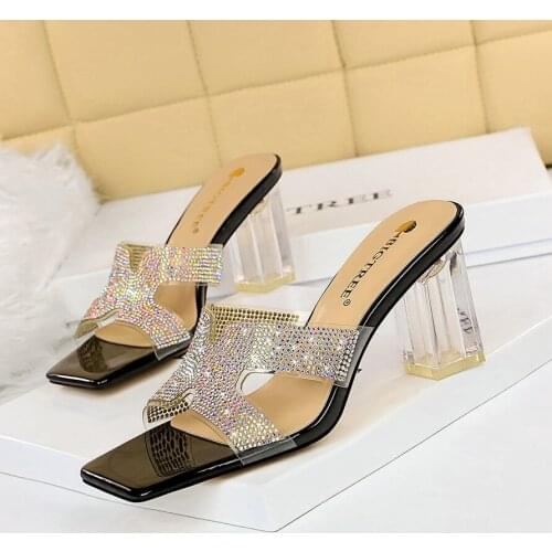 BIGTREE Rhinestone Bright color Crystal Slippers Open Toe High Heels Shoes Woman Crystal Transparent Heeled Slippers Sandals