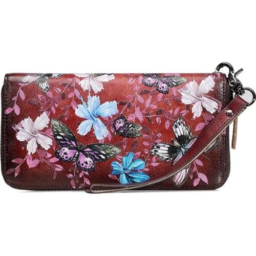 Women Wallets Multi-Cards Purse Genuine Leather Floral Printing Large Money Clips Wrist Bags Long Clutch Handy Zipper Bag Female