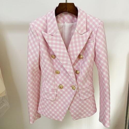 High Quality Pink Blazers Women New Female Jacket Sky Blue Plaid Double-breasted Buttons Slim Outfit Fashion Woven Blazer Suit