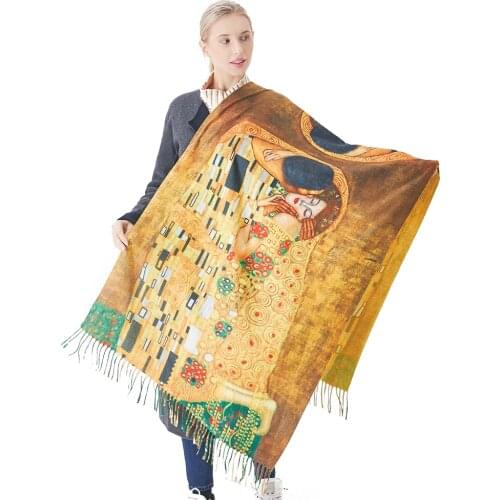 New Cashmere Scarf Women Digital Printing Pashmina Shawl Wraps Gustav Klimt Oil Painting Der Kuss Bandana Femme Foulard Tassels
