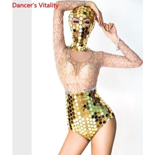Gold mirror silver rhinestones transparent tights headdress female dancer prom dress birthday celebration dress
