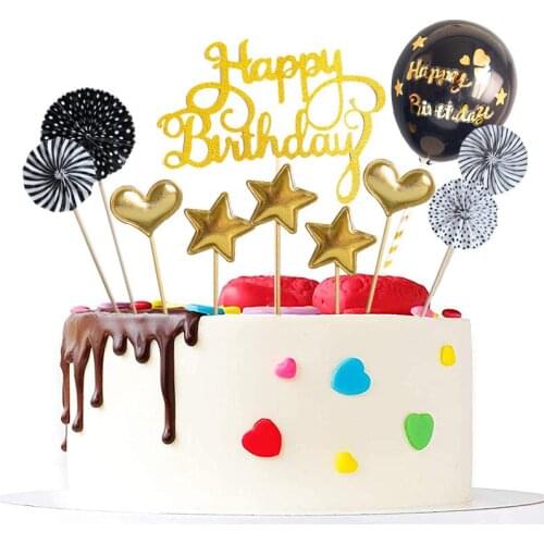 16pcs Cake Decorations Confetti Balloons Fans Stars Hearts Happy Birthday Cake Toppers for Happy Birthday Dessert Cupcake Decor