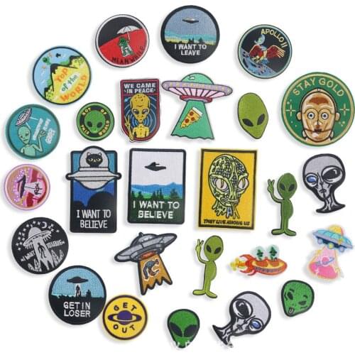 Alien Series Embroidery Cloth Stickers Spaceship English Letters Cartoon Clothing Luggage Hat Decoration Accessory Patch 2pcs