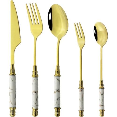 5Pcs Gold Tableware Set Ceramic Handle Fish Fork Tea Spoon Knife Set Stainless Steel Flatware Cutlery Set Dinnerware Dinner Set