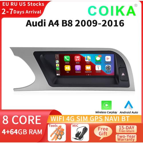 8.8" Android 10 System Car Multimedia Player For Audi A4 B8 2009-2016 8 Core 4+64G WIFI 4G Carplay Google BT GPS Navi Receiver