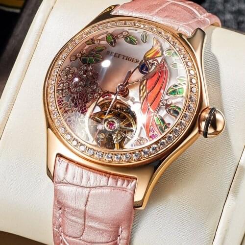 Reef Tiger/RT Women Luxury Fashion WristWatches Diamond Automatic Tourbillon 3D Stereo Parrot Dial Leather Lady Relogio Feminino