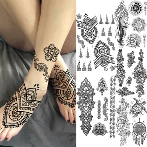 Black Lace Sexy Feet Henna Temporary Tattoos For Women Girl Mandala Whale Turtle Fake Tattoo Realistic Body Art Decoration Tatoo