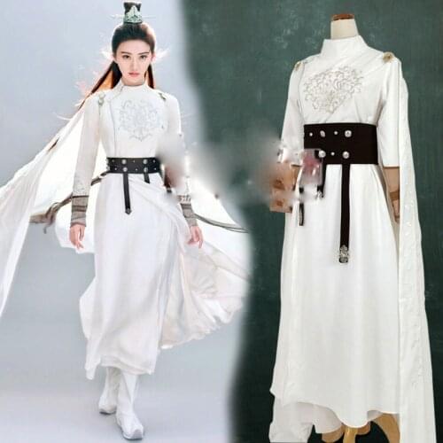 Jing Tian White Narrow Sleeve Sword lady Hanfu for TV Play The King of Blaze Stage Performance Drama Costume Female Hanfu