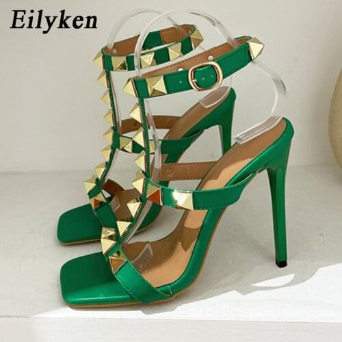Eilyken New Design Rivet Decoration Sandals Women Summer Fashion Square Toe Ankle Buckle Strap Stiletto Heels Pumps Shoes