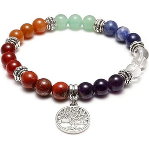 FYJS Unique Silver Plated Tree of Life Connect 7 Colors Quartz Stone 3D Symbol Bracelet Lotus Flower Chakra Jewelry