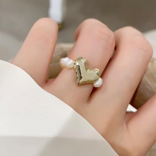 GSOLD New Trendy Elastic Rope Beaded Pearl Ring Fashion Geometric Metal Heart-Shaped Ring For Women Girls Sweet Cool Jewelry