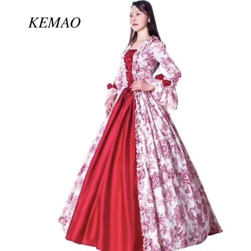 Victorian Rococo Costume Womens Adults' Red Evening dress Vintage Cosplay Flocked Long Sleeves Bell ball gown