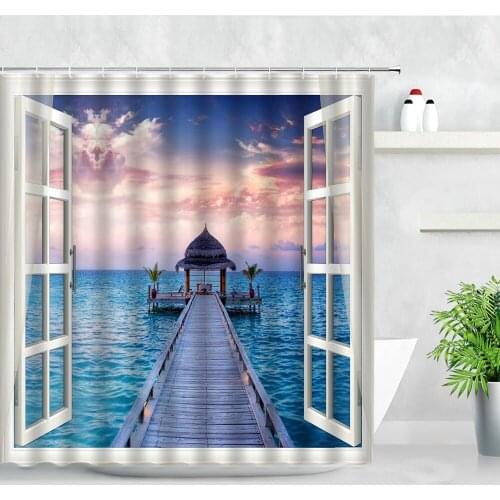 Creative Window Ocean Landscape Shower Curtains Dusk Pavilion Resort Scenery Beach Modern Home Decor Waterproof Bathroom Curtain