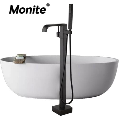 Monite Chrome Brass Bathtub Floor Stand Faucet Mixer 1 Handle 360 Rotation Spout & ABS Handshower Black Bath Mixer Shower Faucet