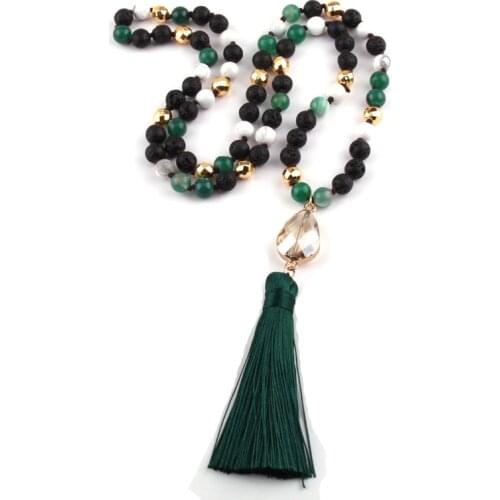 MOODPC Fashion Black Lava Green Stones Knotted Bohemian Tribal Jewelry Crystal Drop link & Tassel Necklace