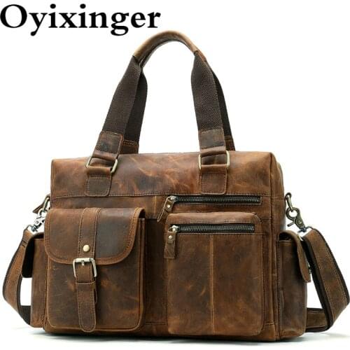 OYIXINGER Genuine Leather Mens Laptop Briefcase Crazy Horse Leather Male Shoulder Bag Business Men Laptop Bag For 15" Hp Dell