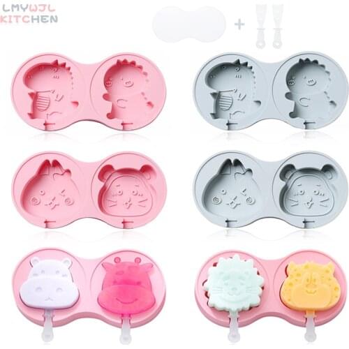 Cartoon Animal Double Grid Ice Cream Silicone Mold Home-made Popsicle Mold with Lid Cute Children Ice Cream Mold Ice Cube Tray