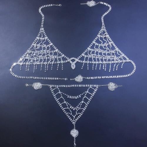Stonefans Sexy Rhinestone Tassel Top Body Chain Jewelry for Women Luxury Bridal Wedding Crystal Body Chain Bra and Panties Set