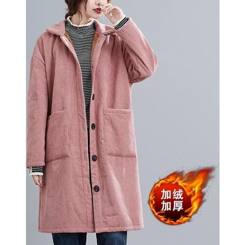 Corduroy Jacket Coat Womens Fall/Winter Jackets Large Size Loose Mid-Length Warm Plus Velvet Thick Cotton-Padded Coats Parkas