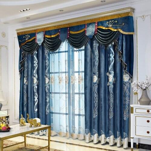 High-end Blue Flannel Embroidered Curtain European Style for Living Room Bedroom Luxury Hollow Embroidered Curtain Tulle Valance