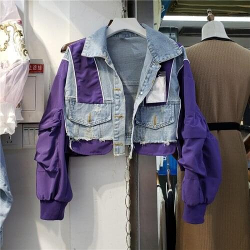 Denim Coat Women 2021 Summer New Color Contrast Patchwork Loose Casual Jean Jackets Cropped Outwears Top