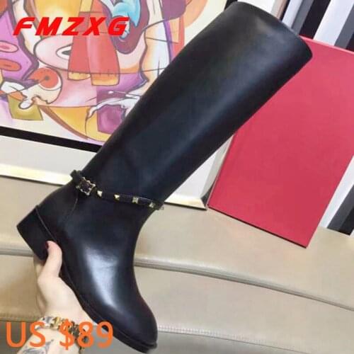 Women Boots Over The Knee Leather Womens Boots Thigh Genuine Leather High Heel Boots Leather High Quality Designer Rivet Boots