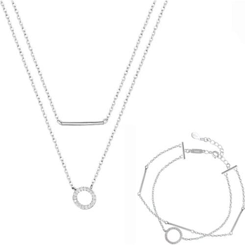 925 Sterling Silver Double Layer Circle Charm Pendent Necklace Bracelet For Women Girls Jewelry Set sl382