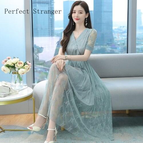 High Quality 2021 Summer Dress For Women V Collar Floral Printed Short Sleeve Women Chiffon Long Dress