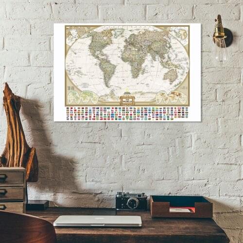 150*100cm Political Map of The World with National Flags Non-woven Canvas Painting Wall Art Poster School Supplies Home Decor
