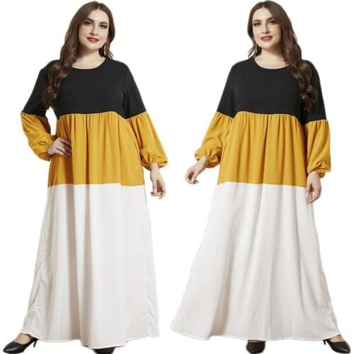 Abaya Muslim Women Long Dress Color Block Patchwork Arab Maxi Robe Islamic Vestido Ramadan Kaftan Middle East Elegant O-neck New